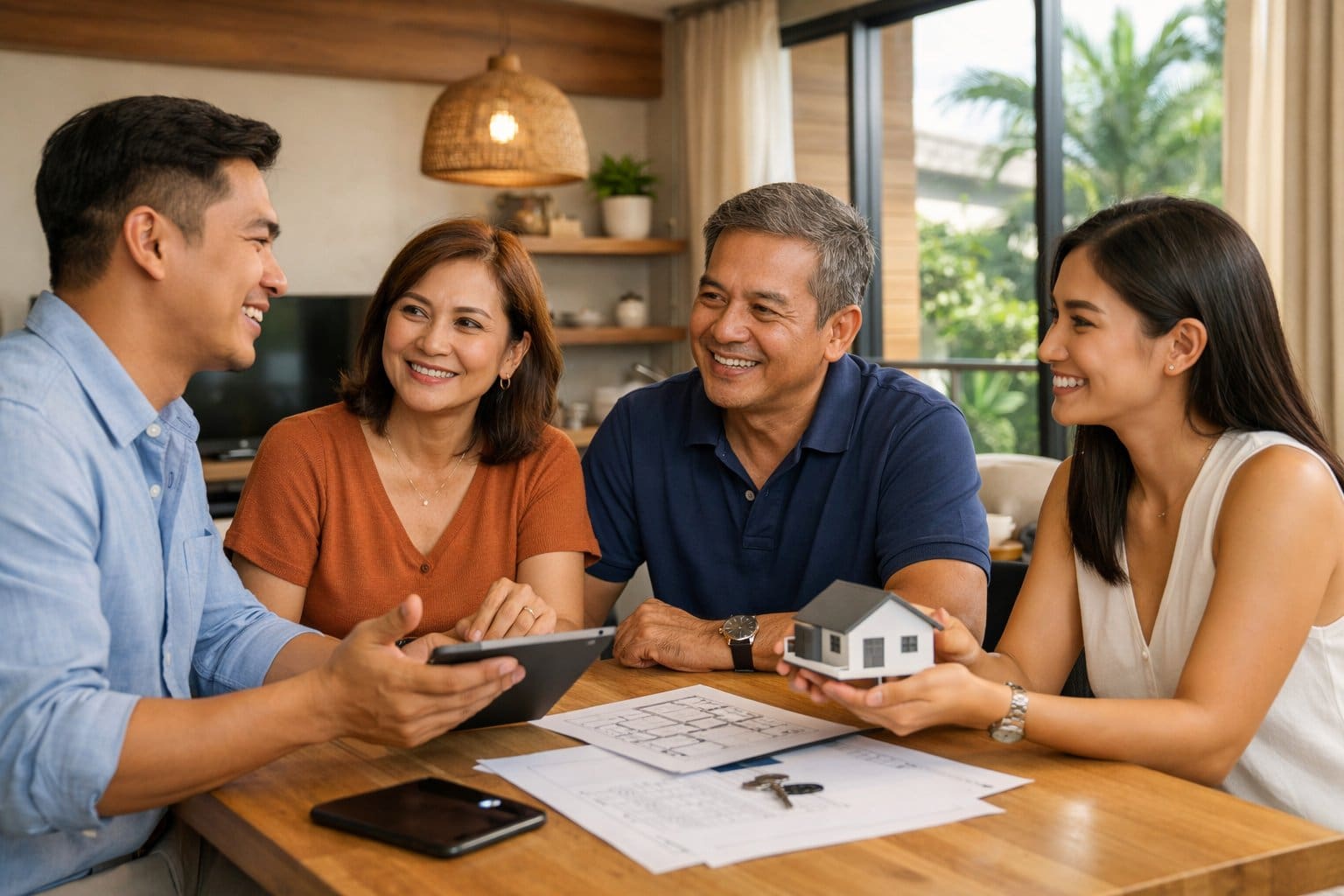 Filipino people having a candid discussion inside a modern condo, surrounded by documents and devices, in a bright room with tropical plants.