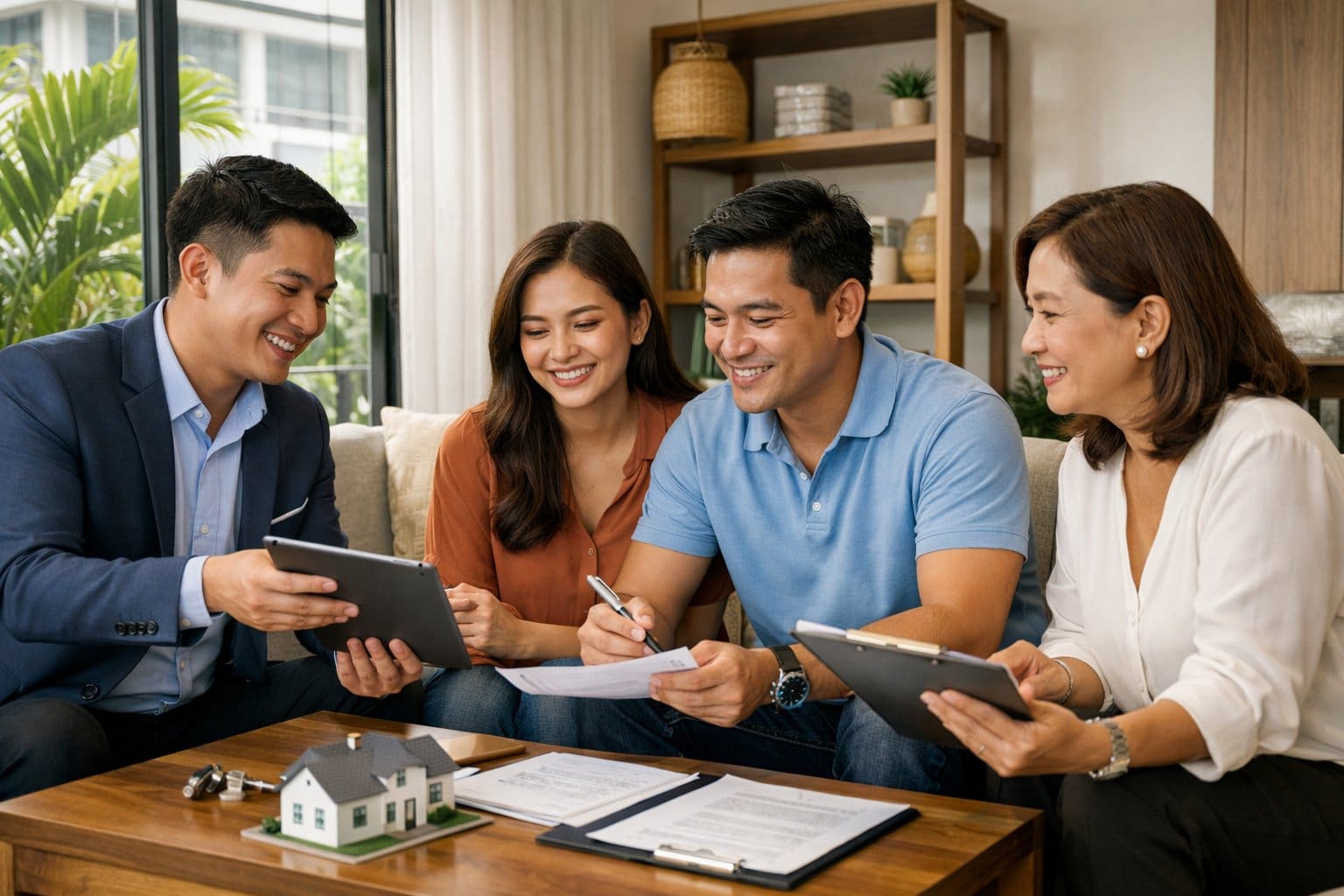 Filipino people discussing a real estate deal inside a modern home with natural light.