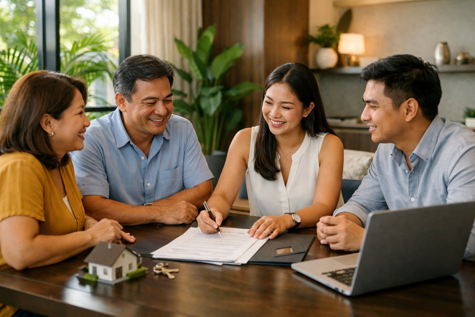 Filipino adults having a discussion around a table inside a modern condo, reviewing documents in a bright room with tropical plants.