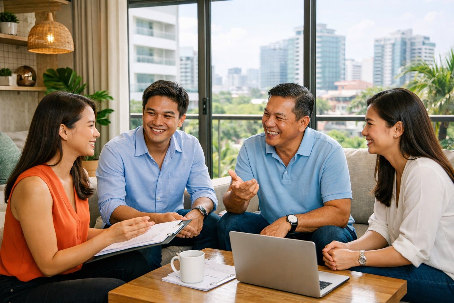 Filipino people having a friendly conversation inside a modern condo with natural daylight and a city view in the background.