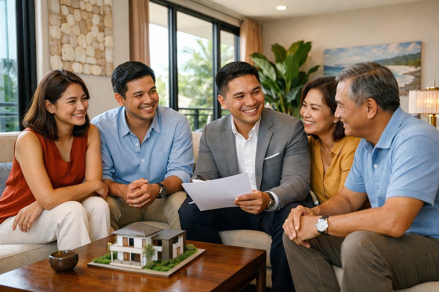 Filipino adults having a friendly conversation inside a modern condo with natural light and tropical plants.