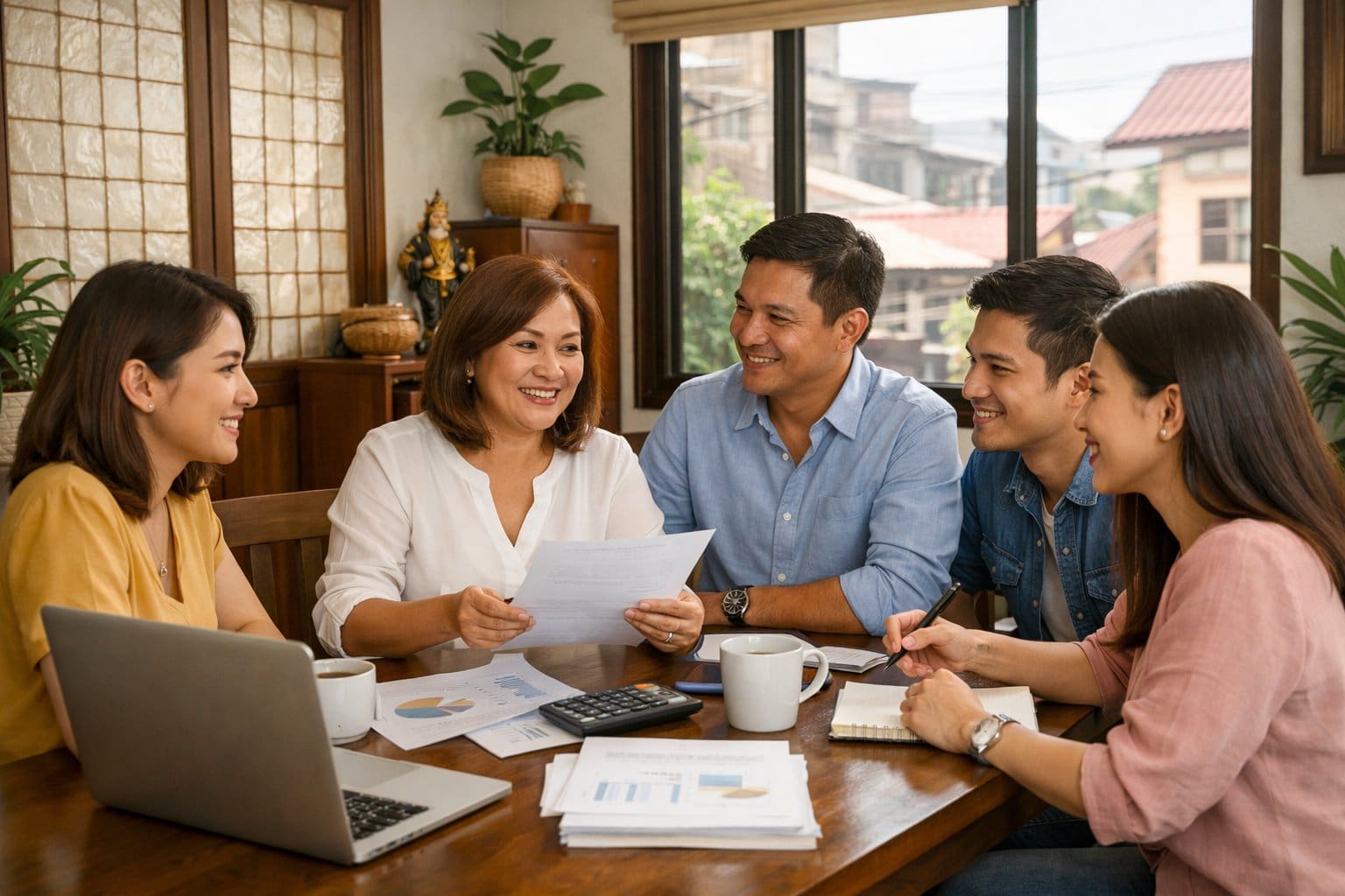 A group of Southeast Asian adults having a casual discussion around a table in a modern Filipino home with natural daylight coming through the windows.