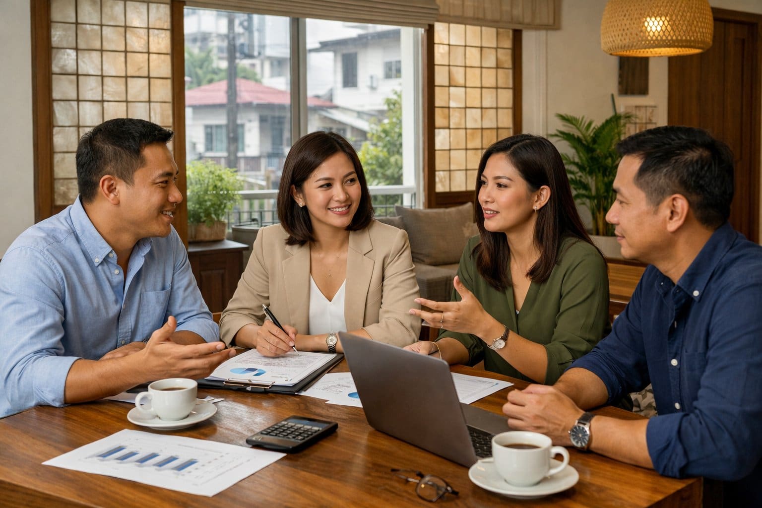 A group of Southeast Asian adults discussing property investments around a table in a modern Filipino home with natural light coming through the windows.