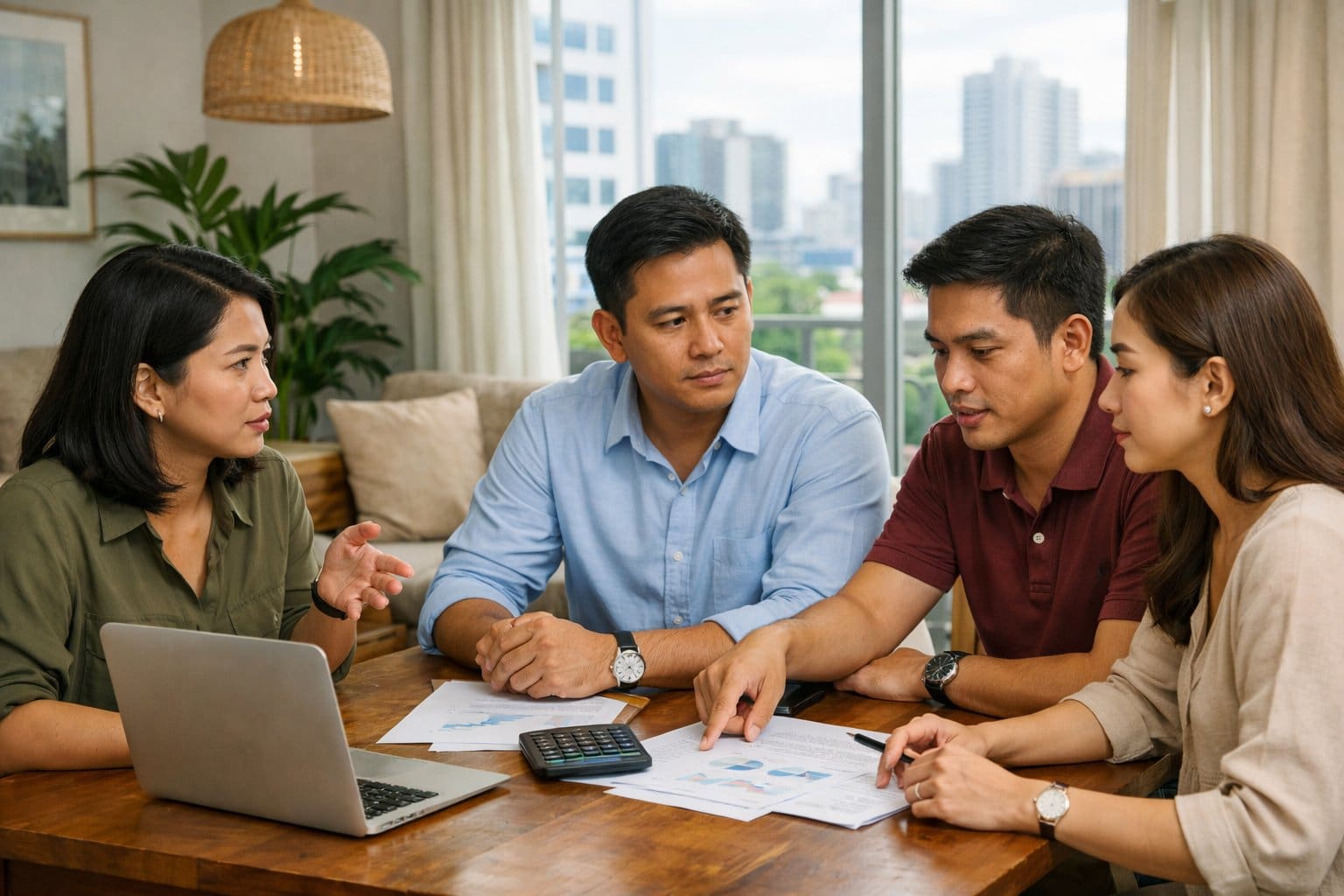A group of Filipino adults discussing financial matters around a table in a modern home with natural light and urban views.