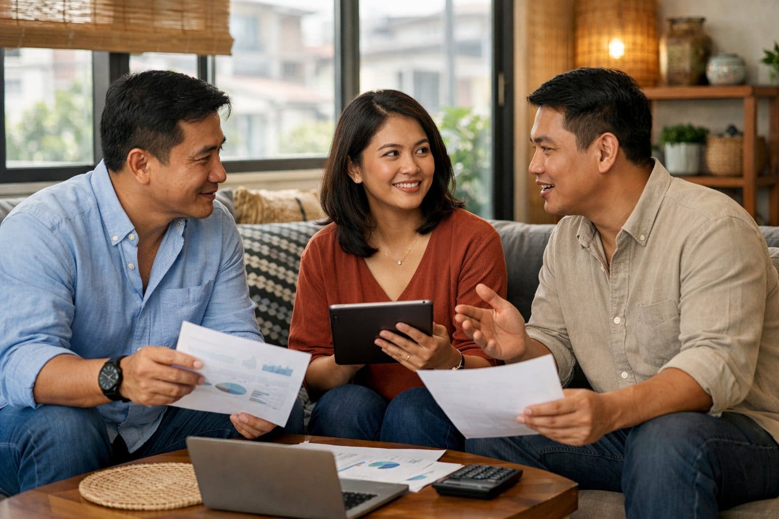 Southeast Asian adults discussing financial documents together in a modern Philippine apartment with natural light coming through large windows.