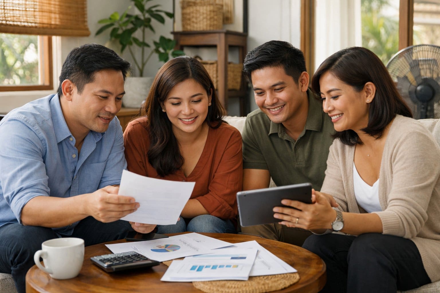A group of Southeast Asian adults gathered in a modern Filipino home or office, engaged in a casual discussion with natural daylight coming through the windows.