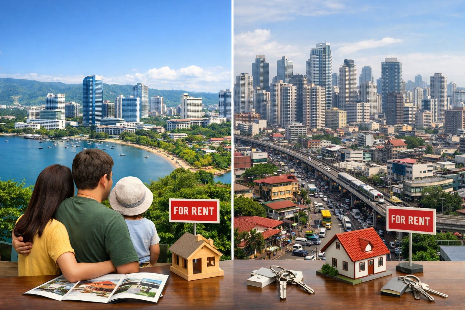 A side-by-side view of Cebu City and Metro Manila skylines with people considering housing options in the foreground.