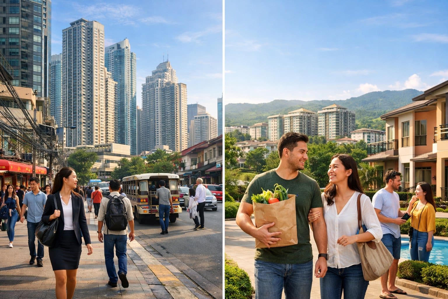 Split view of Metro Manila and Cebu City urban landscapes showing residential buildings and people in daily activities.