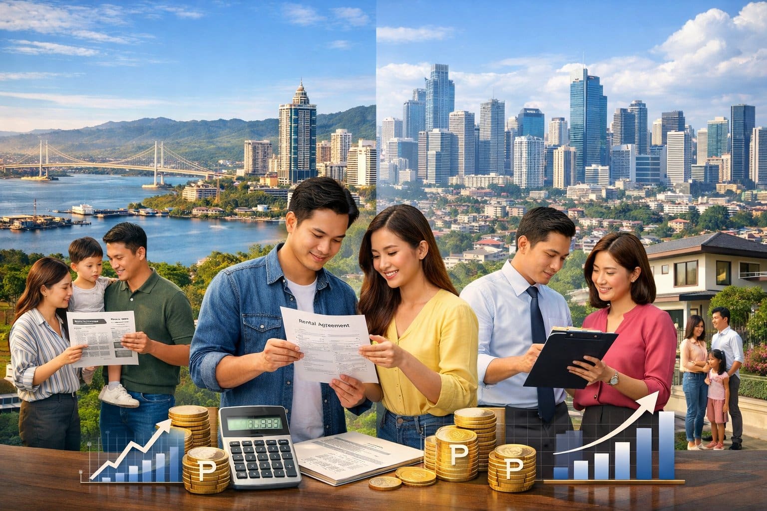 Cityscapes of Cebu City and Metro Manila with people looking at property listings and modern residential buildings in daylight.