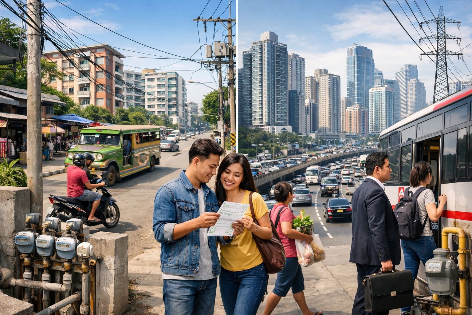 A side-by-side view of urban scenes in Cebu City and Metro Manila showing residential buildings, transportation, and people managing daily expenses.