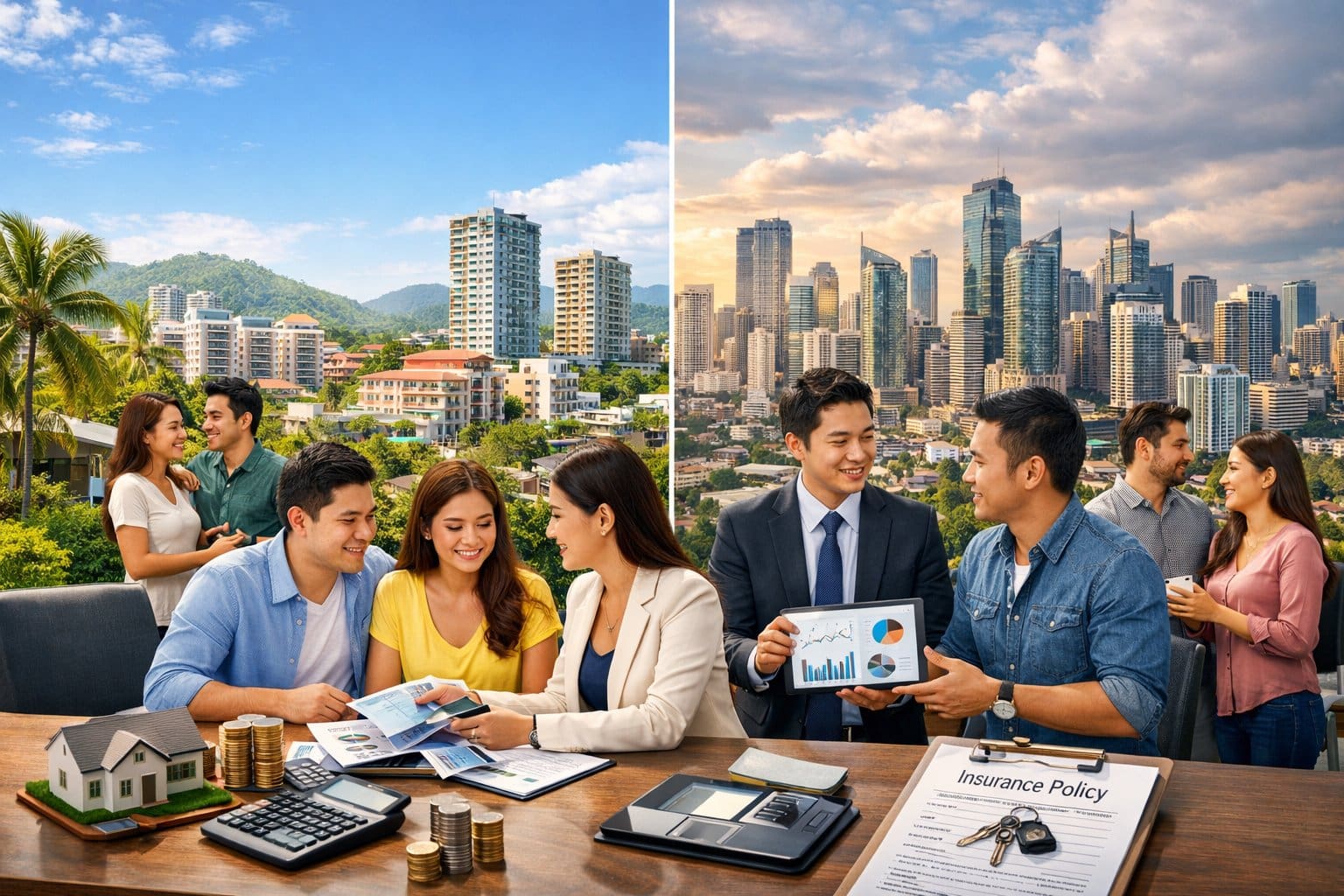 A split cityscape showing residential buildings in Cebu City on one side and high-rise apartments in Metro Manila on the other, with people discussing housing and finances in the foreground.