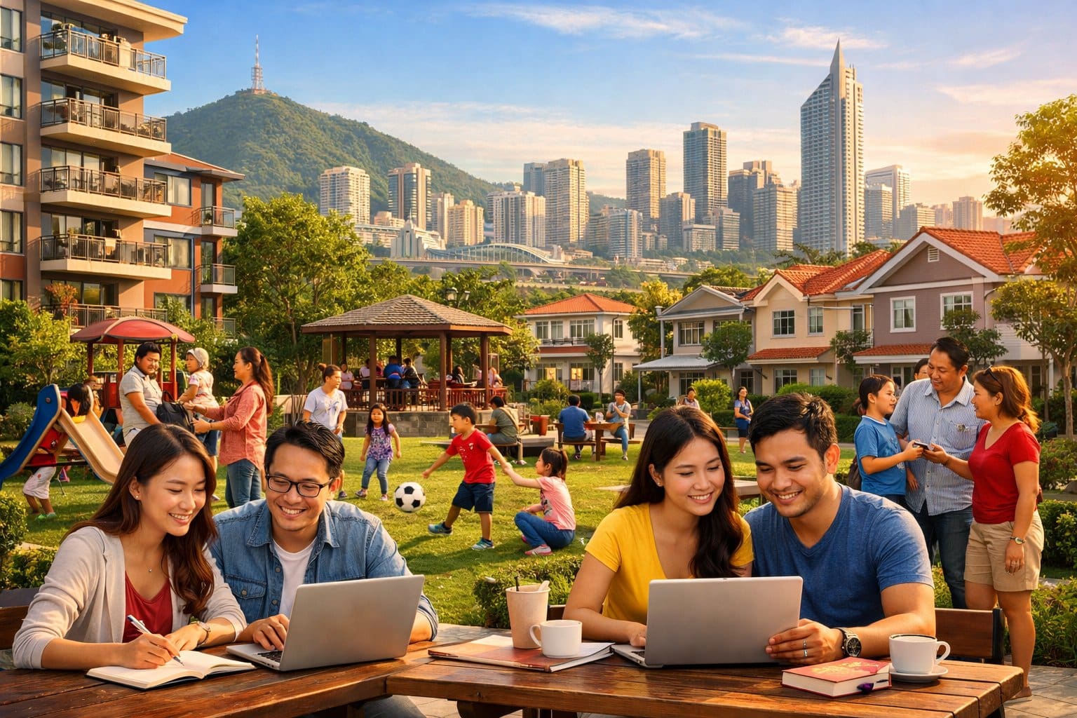 People enjoying a community park with modern apartments and houses in the background, children playing, and adults studying or working outdoors in an urban neighborhood.