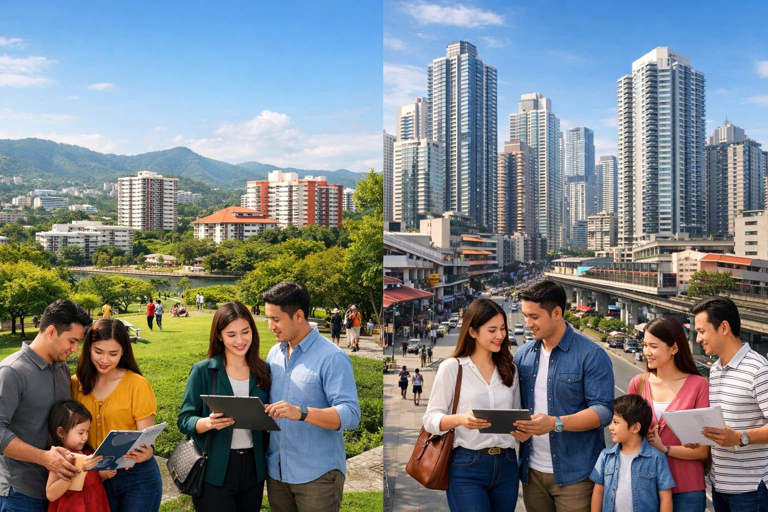 Side-by-side view of Cebu City and Metro Manila cityscapes with people discussing housing options outdoors.