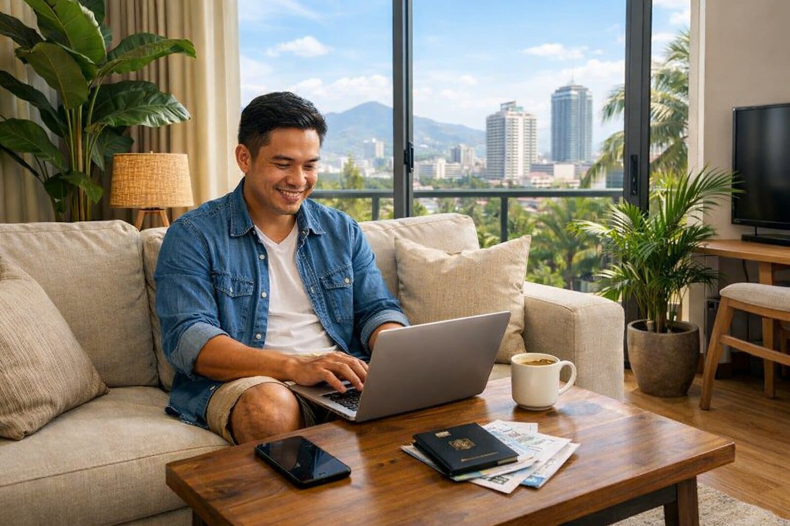 A person working on a laptop in a bright, modern apartment with large windows showing an urban view and tropical plants indoors.
