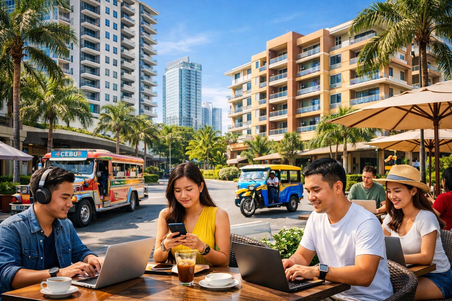 A group of people working outdoors near modern apartments surrounded by palm trees in a sunny urban area of Cebu.