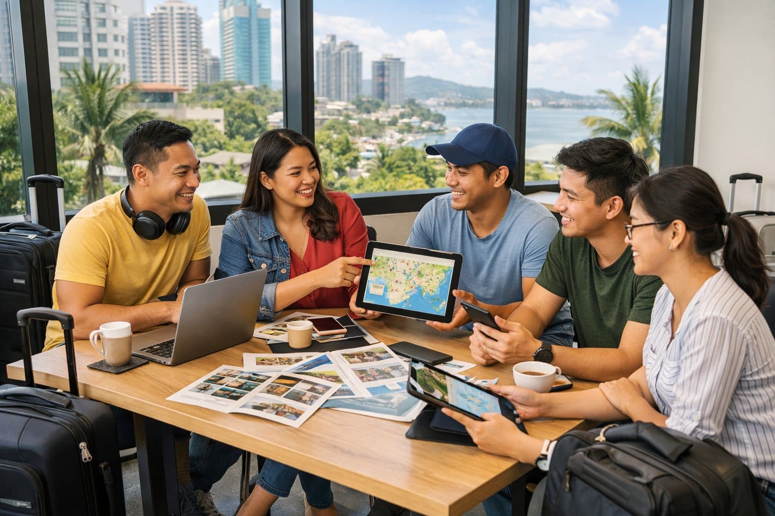 A group of people working together in a bright coworking space with a tropical city view, using laptops and digital devices while discussing rental options.
