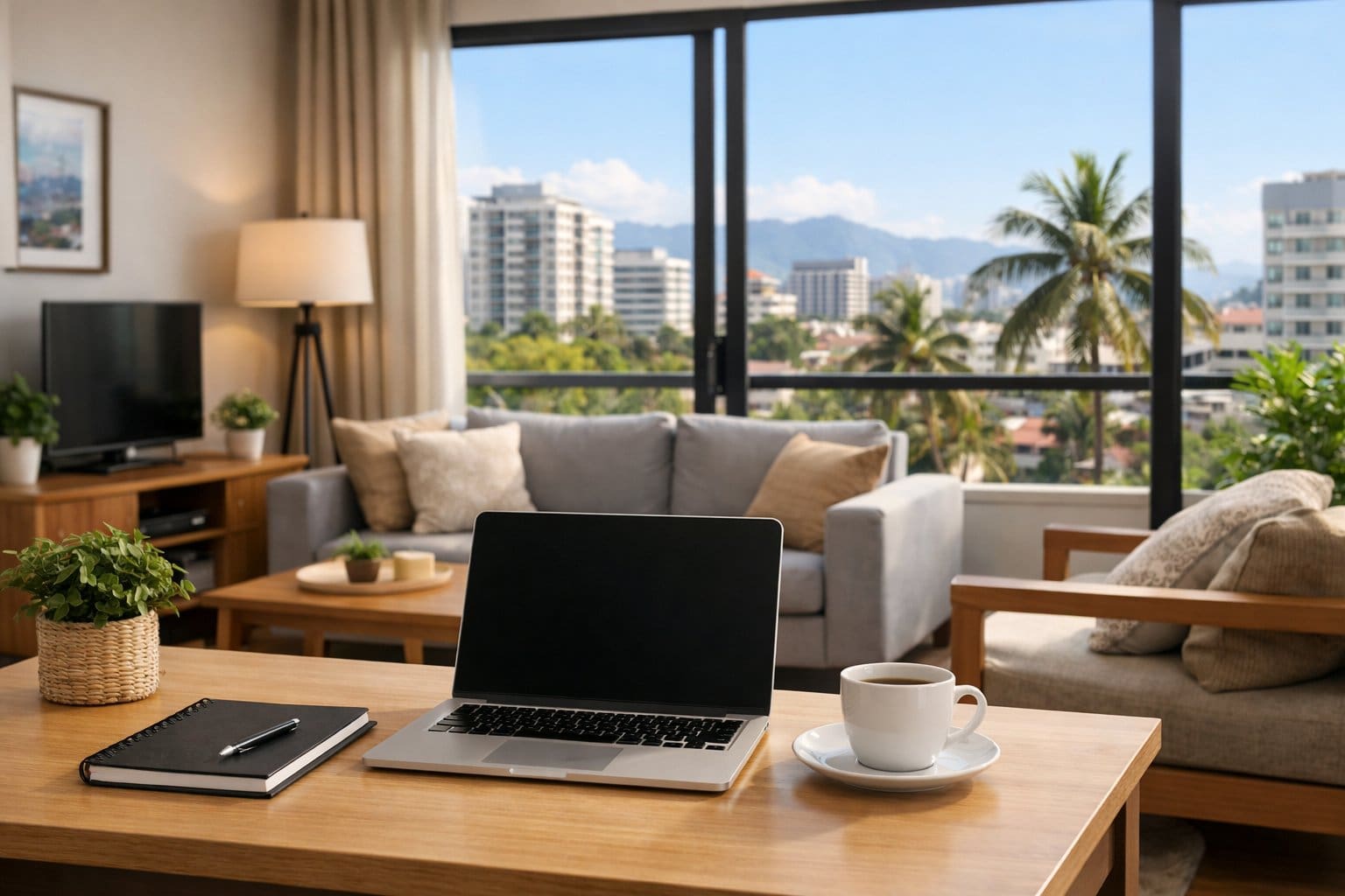 A bright apartment interior with a workspace and a window showing an urban view of Cebu city.