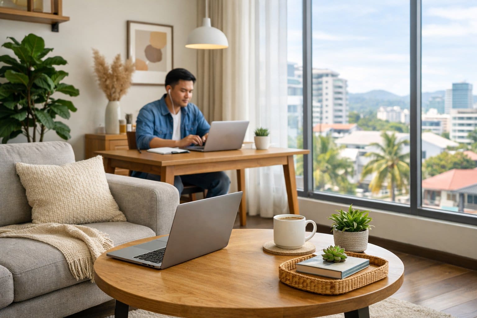 A bright modern apartment with a young professional working on a laptop at a dining table and a cozy living area with a sofa and coffee table.