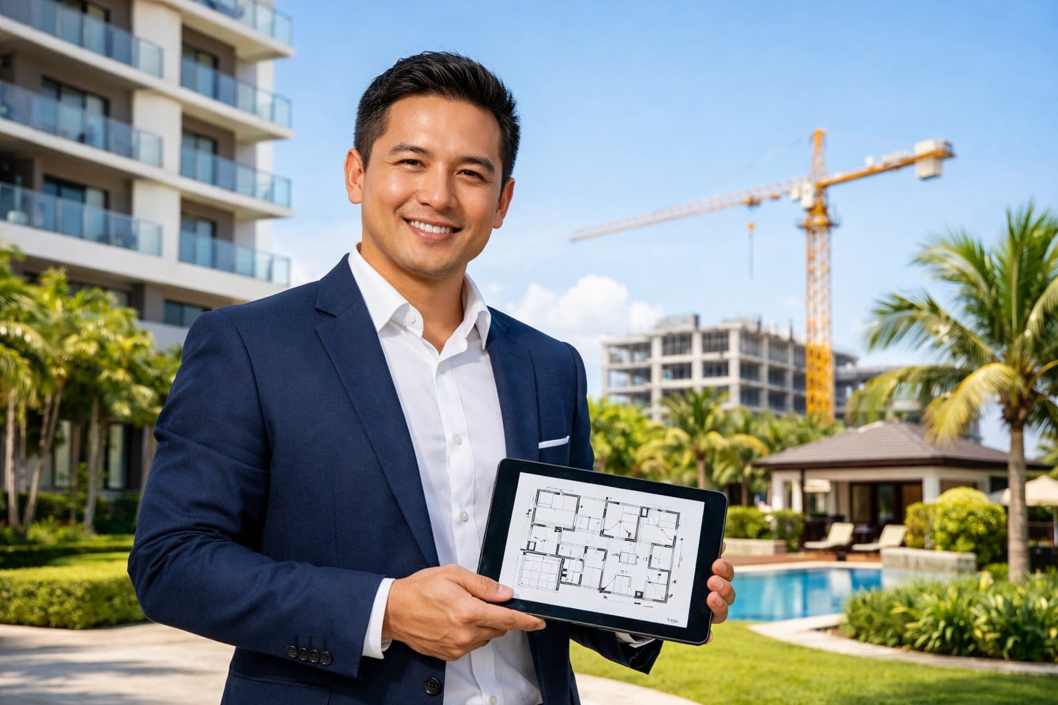 A real estate professional standing near a modern building with blueprints, surrounded by tropical plants and construction elements.
