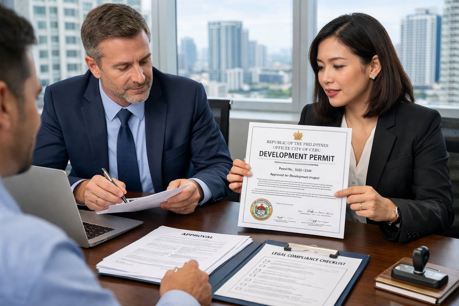 A group of professionals reviewing official documents together at a modern office table.