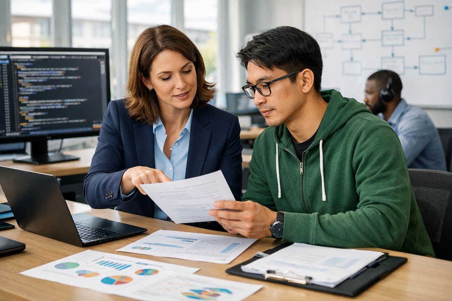 A group of professionals discussing project documents and laptops in a bright office, collaborating on evaluating project quality and delivery.