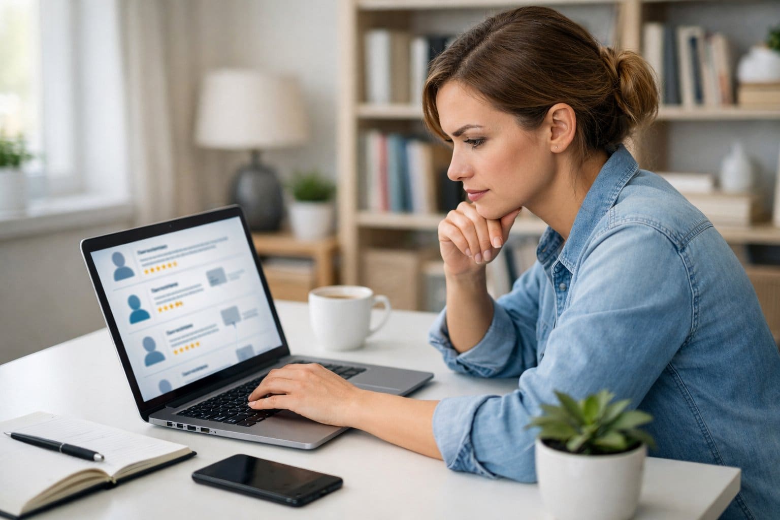 A young woman focused on her laptop at a tidy desk, researching online reviews in a bright home office.