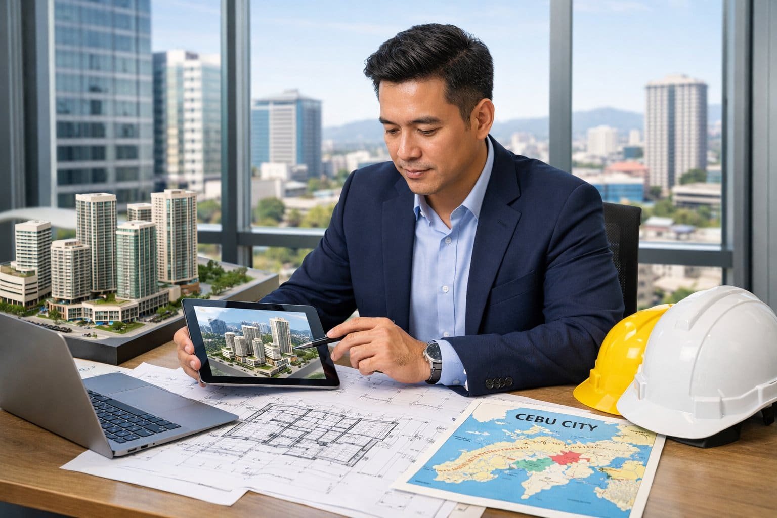A business professional reviewing architectural plans and a scale model of buildings in a modern office with a cityscape view.