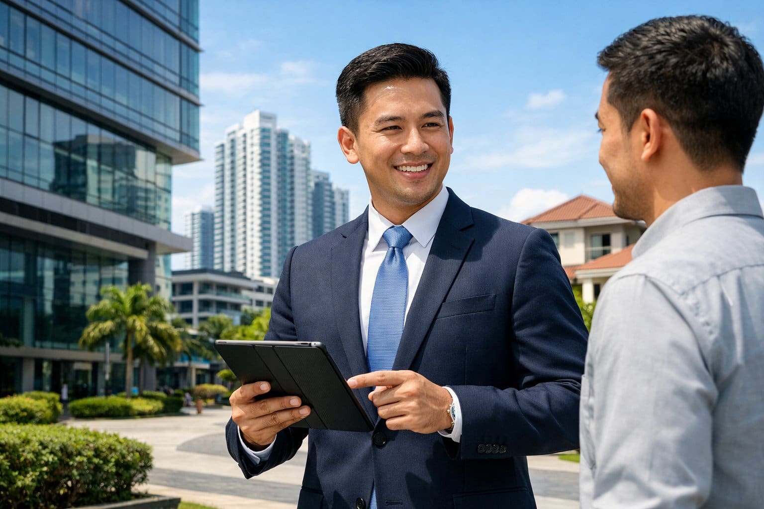 A real estate agent talking to a client outside a modern office building with city buildings in the background.