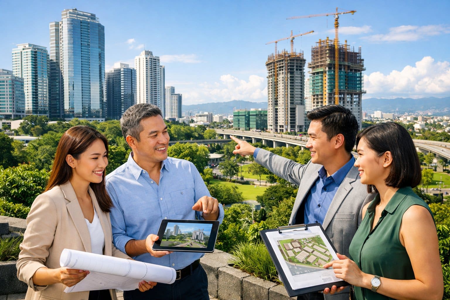 Business professionals discussing real estate plans in front of a modern cityscape with buildings and construction sites surrounded by greenery.