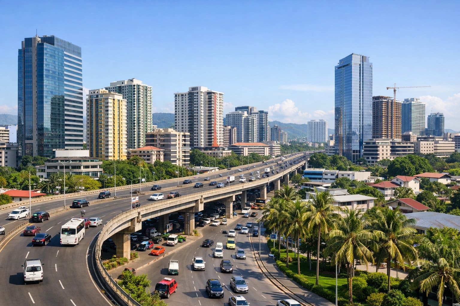A cityscape of Metro Cebu showing roads, buildings, and greenery under a clear sky.