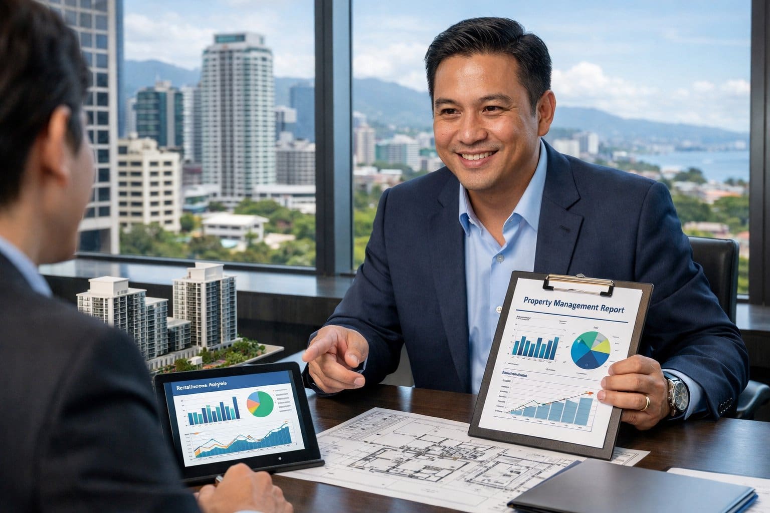 A real estate broker in an office reviewing property documents and digital charts with a cityscape of Cebu visible through large windows.