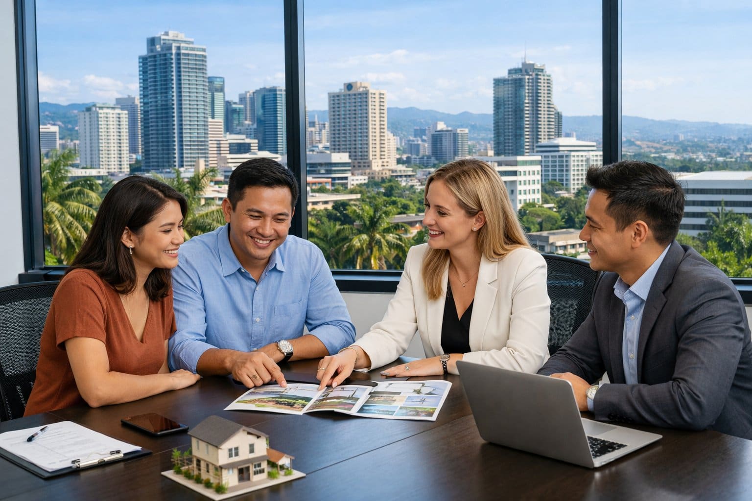 A group of real estate agents and clients discussing property documents in a modern office with a cityscape visible through large windows.