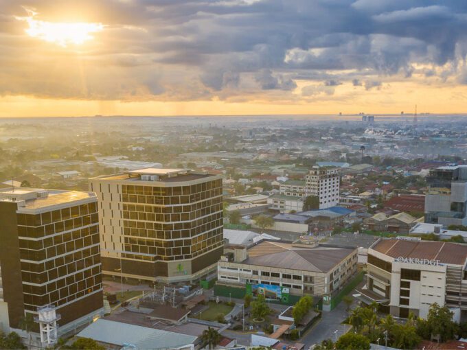 Sunset aerial view of Oakridge Business Park and surrounding Cebu City skyline