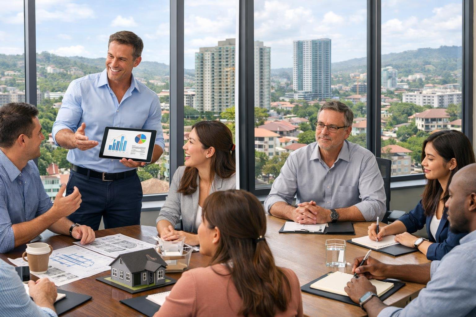 Two groups of real estate professionals in an office discussing property investment strategies with a cityscape of Cebu visible through large windows.