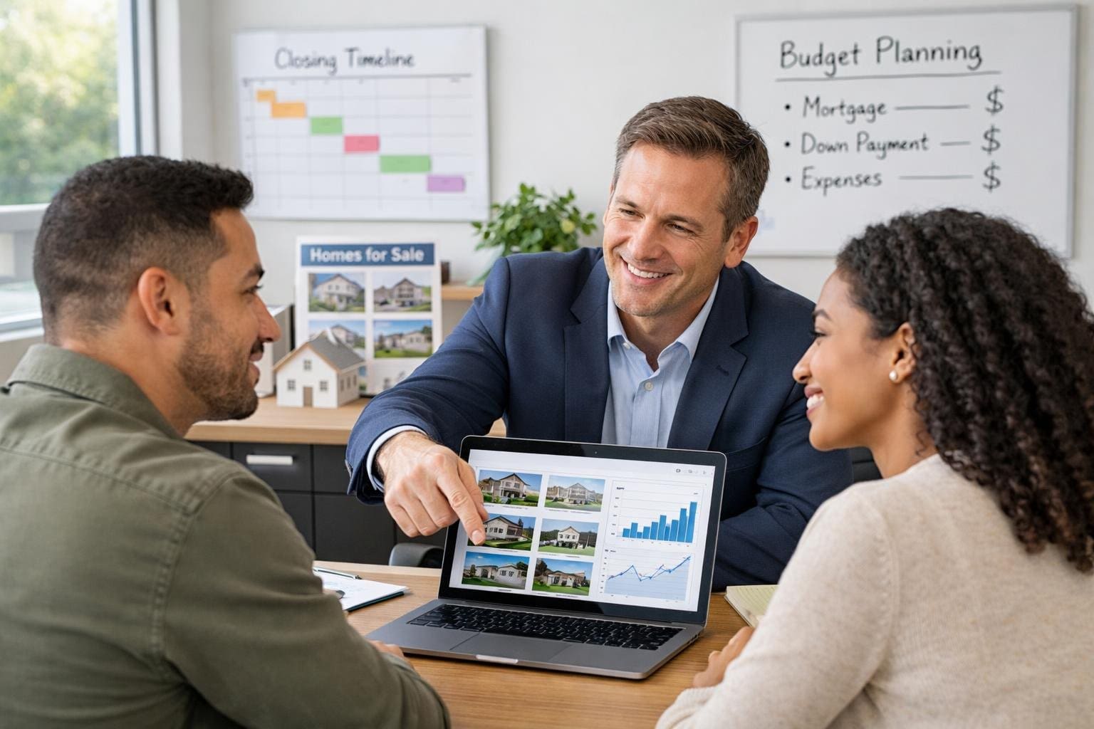A real estate agent discussing property options with a young couple in a modern office.