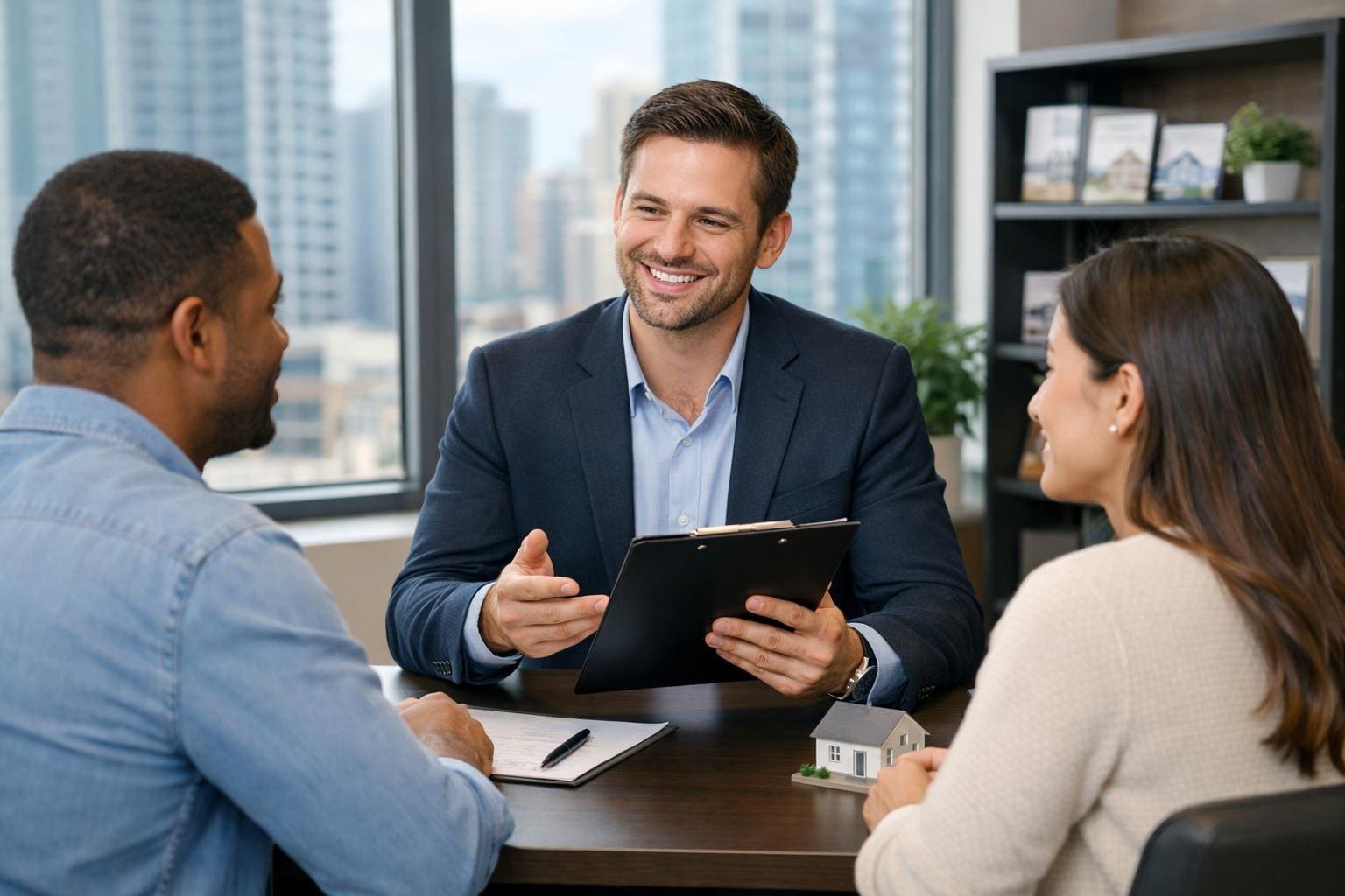 A real estate agent talking to a couple at a desk in a bright office with a city view.
