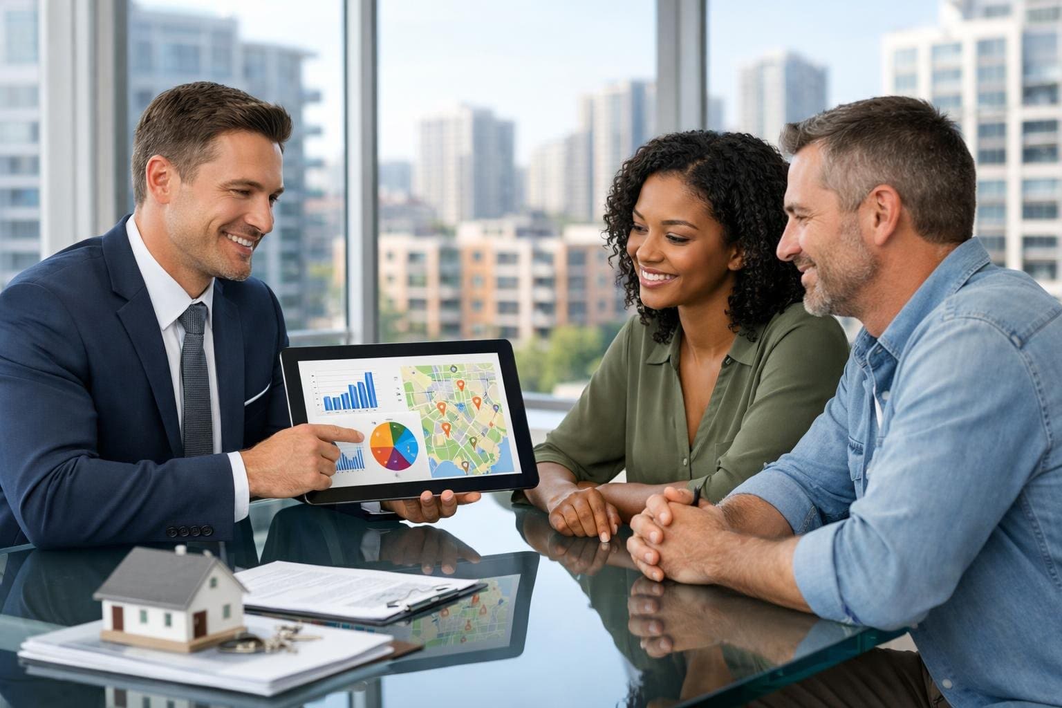 Three people in a bright office discussing real estate charts and maps on a tablet around a glass table.