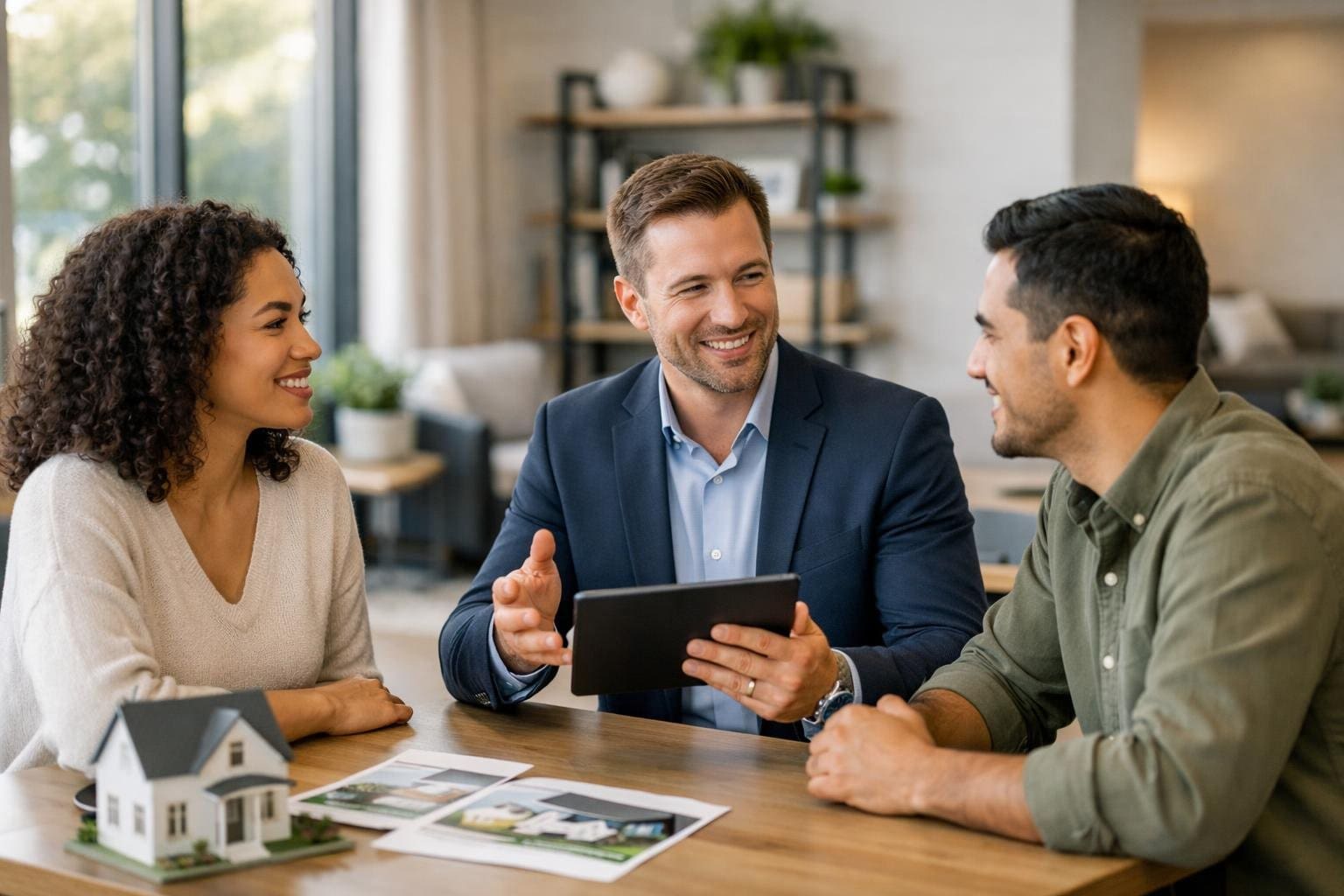 A real estate agent discussing home buying details with a couple in a bright office.