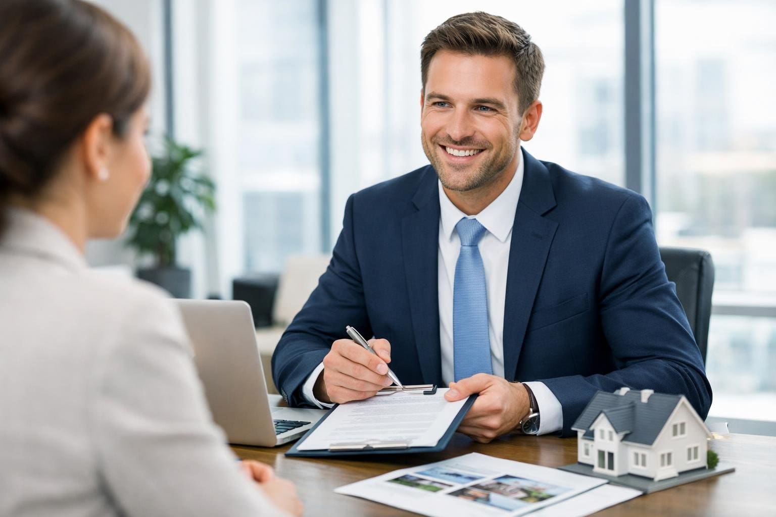 A real estate agent smiling and talking with a client in a bright office setting.