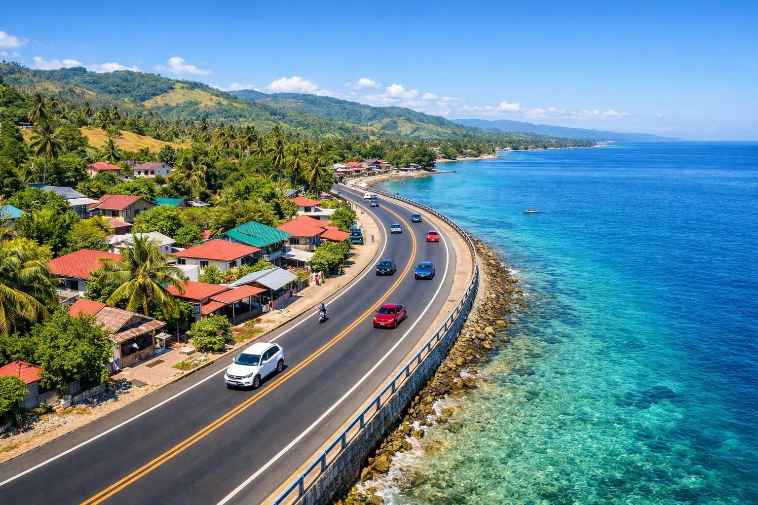 Aerial view of a coastal road along the shore with nearby home barangays, vehicles on the road, and tropical hills in the background.