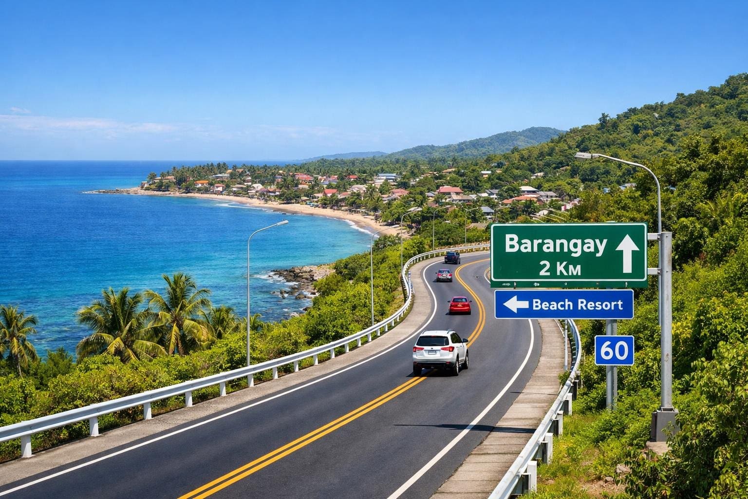 A coastal road winding along the shoreline with nearby home areas and greenery under a clear sky.