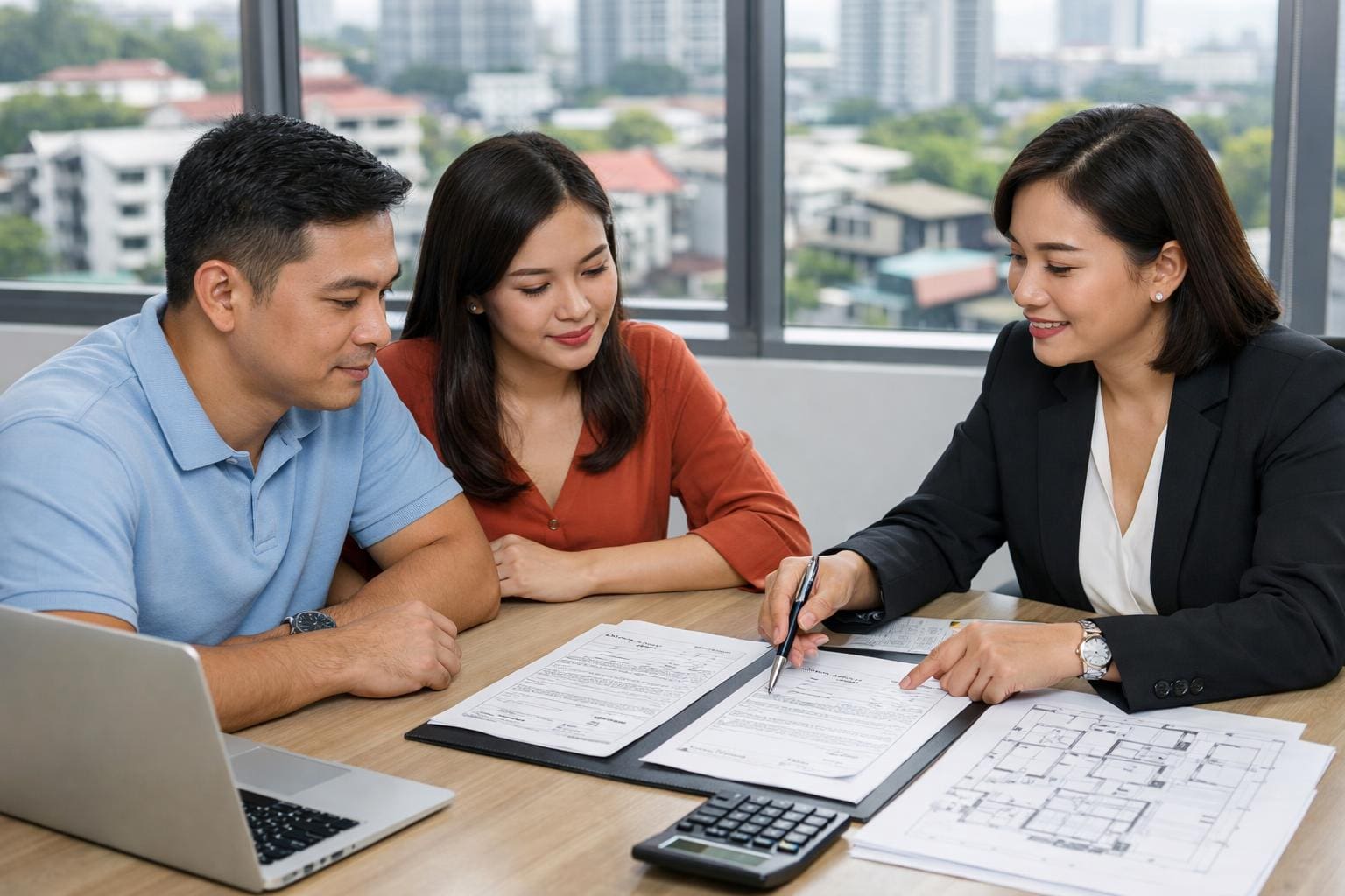 A Filipino couple consulting with a real estate agent at an office desk, reviewing property documents together.