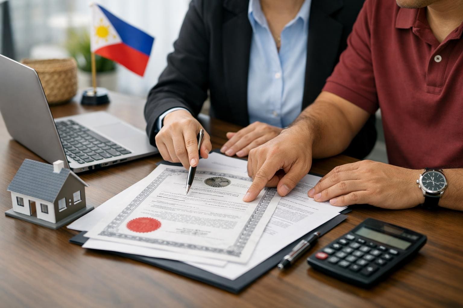 People reviewing property documents together at an office desk during a real estate transaction.