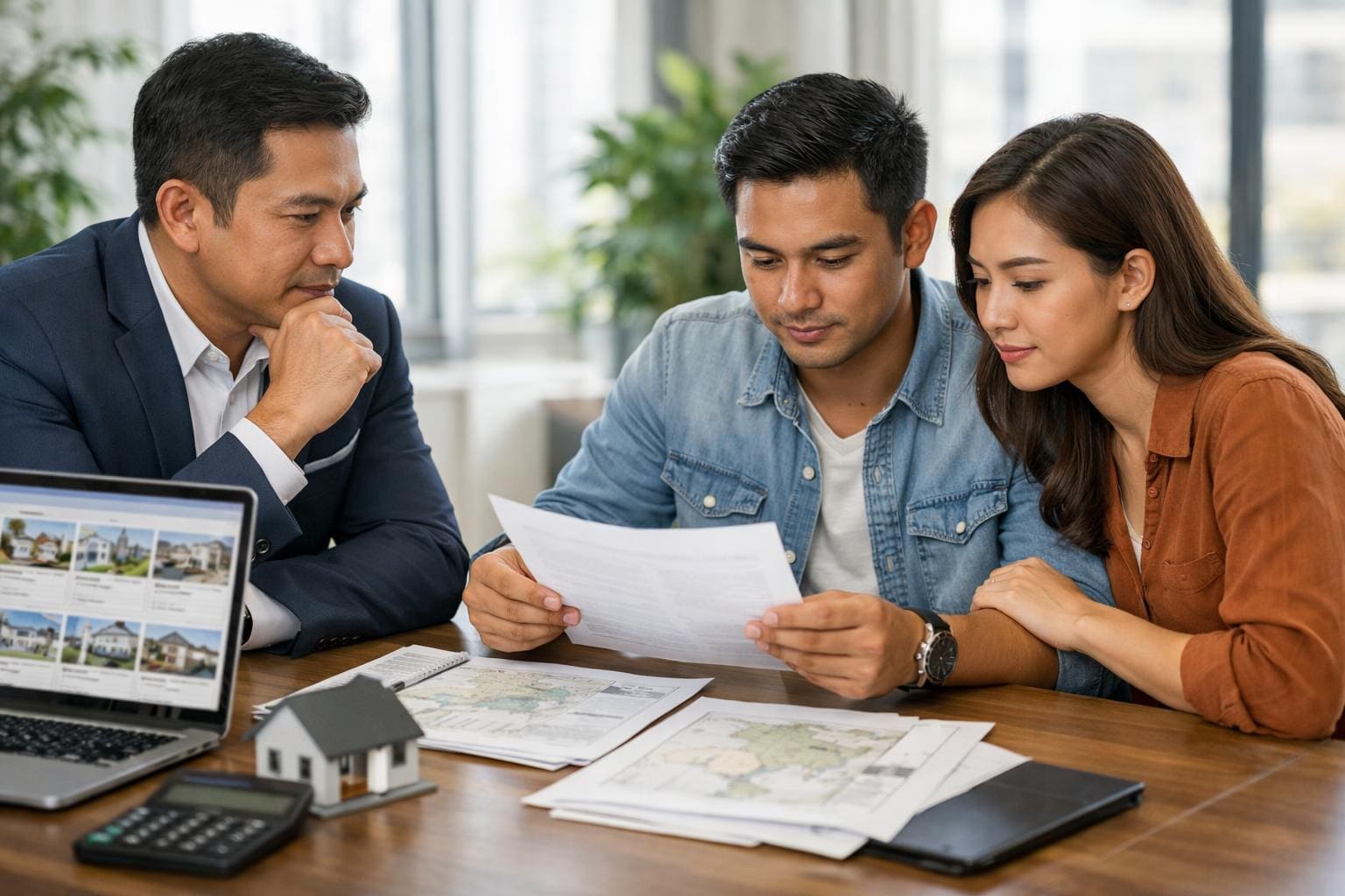 A real estate agent and a young couple reviewing property documents together at a desk in a bright office.