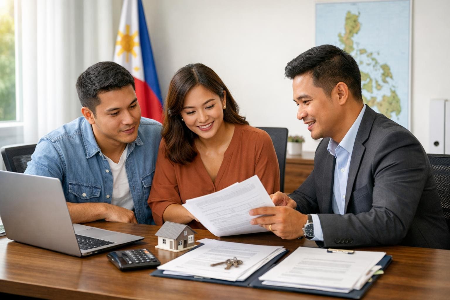 A Filipino couple and a real estate agent discussing property documents at an office desk with a laptop and calculator.