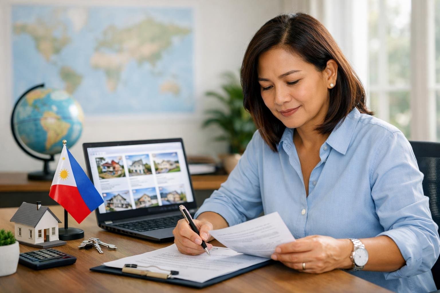 A Filipino abroad worker reviewing property papers and real estate listings on a laptop in a home office.