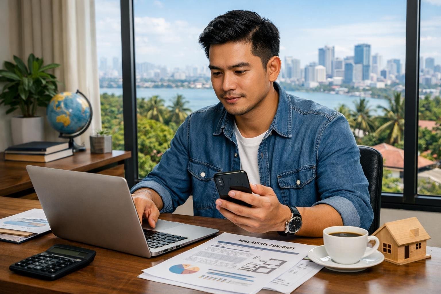 A young Filipino man working at a desk with a laptop and smartphone, surrounded by papers, in a bright room with a city skyline visible through a window.