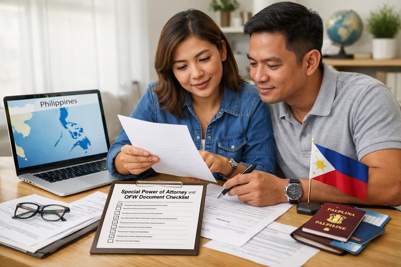 A couple reviewing property papers and a checklist in a home office with a laptop showing a map of the Philippines and a small Philippine flag nearby.