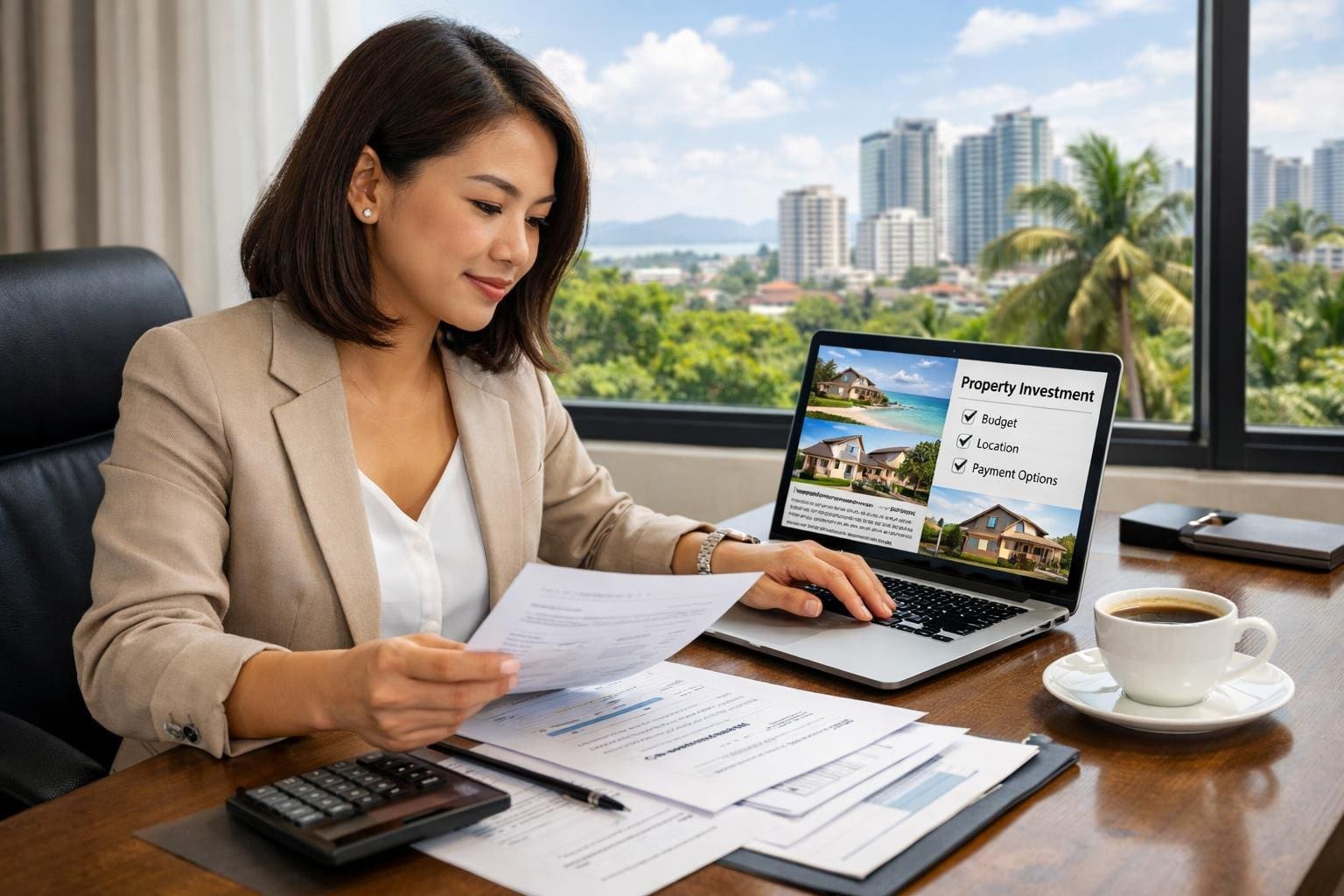 A person working at a desk with a laptop and money papers, looking at real estate details, with a city and tropical plants visible through a window.