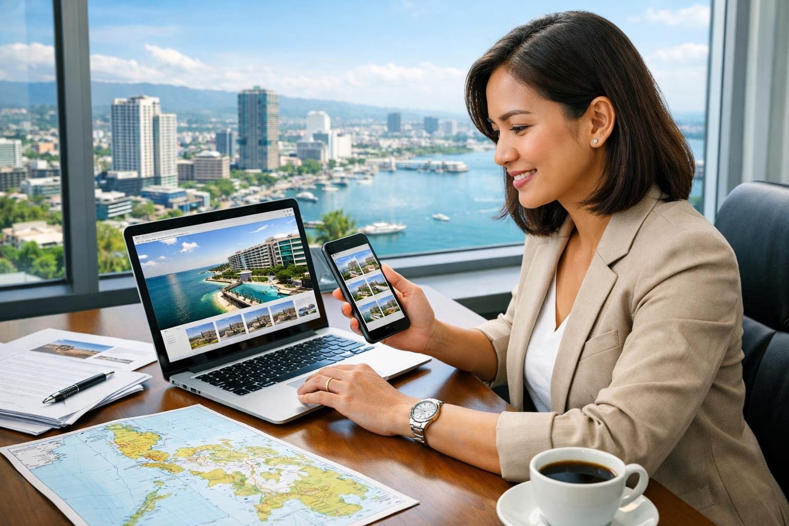 An Overseas Filipino Worker using a laptop and smartphone in an office with a city view of Cebu, surrounded by papers and a map.